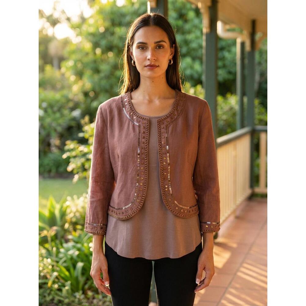 Dressbarn Women's Brown Linen Rayon Blend Embellished Blazer Jacket Medium